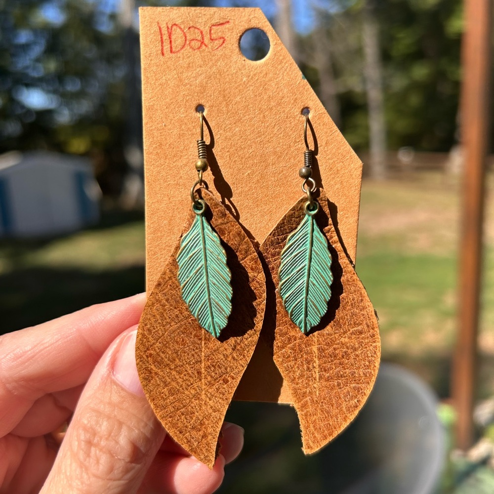 Leaf Shaped Earrings with Green and Brown Accents